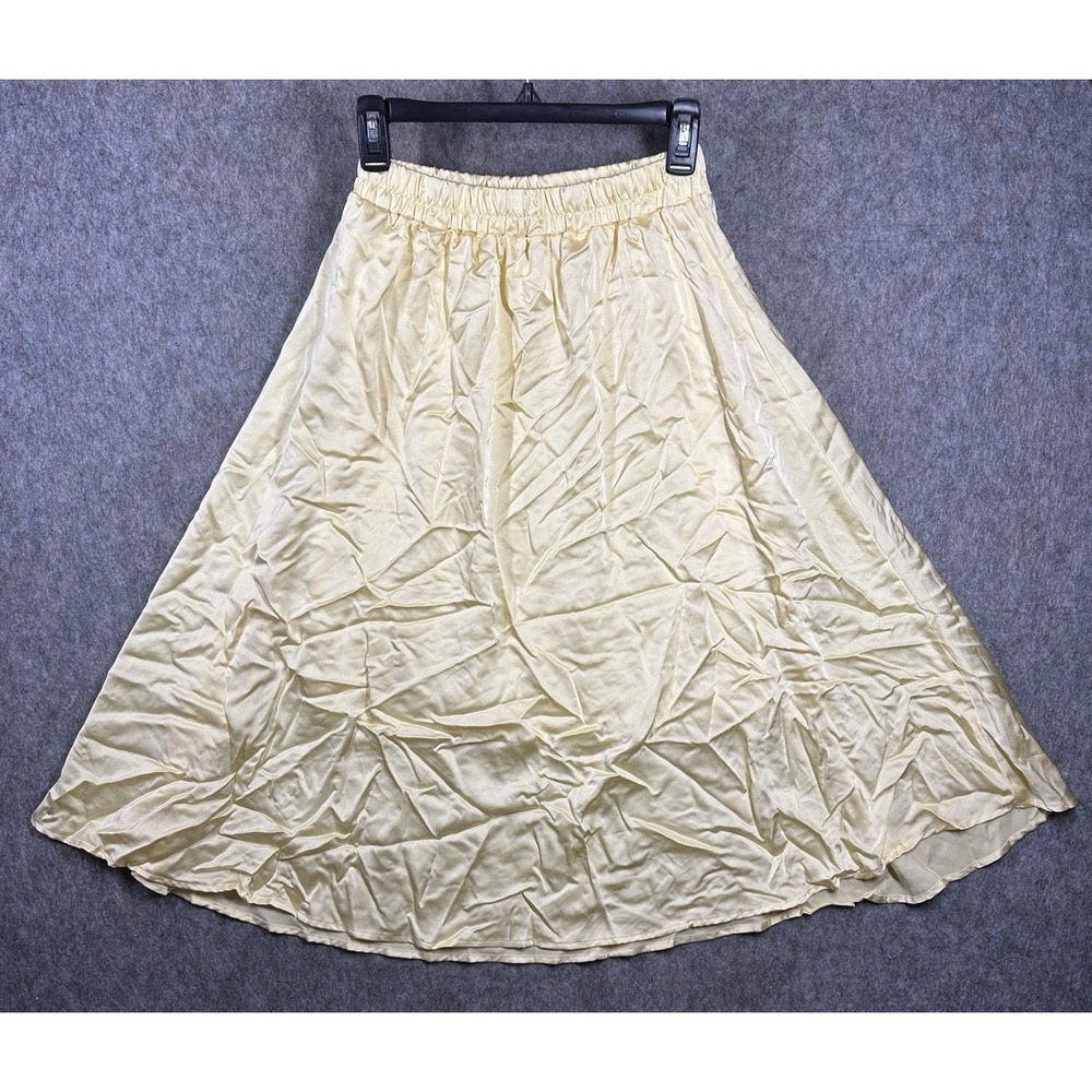 Y2K Satin Midi Skirt Womens S Yellow A Line Elastic Waist Flowy Coquette